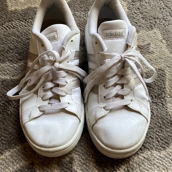 adidas | Shoes | Adidas White With Metallic Stripes Sneakers Size 7 Good  Used Condition | Poshmark